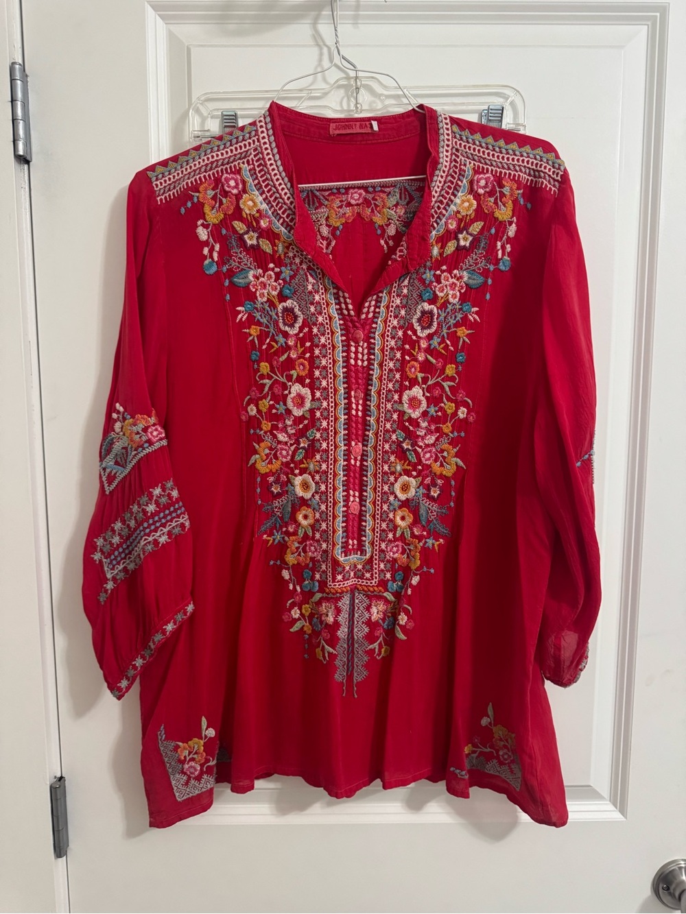 Johnny Was Red Floral Embroidered V-Neck Tunic